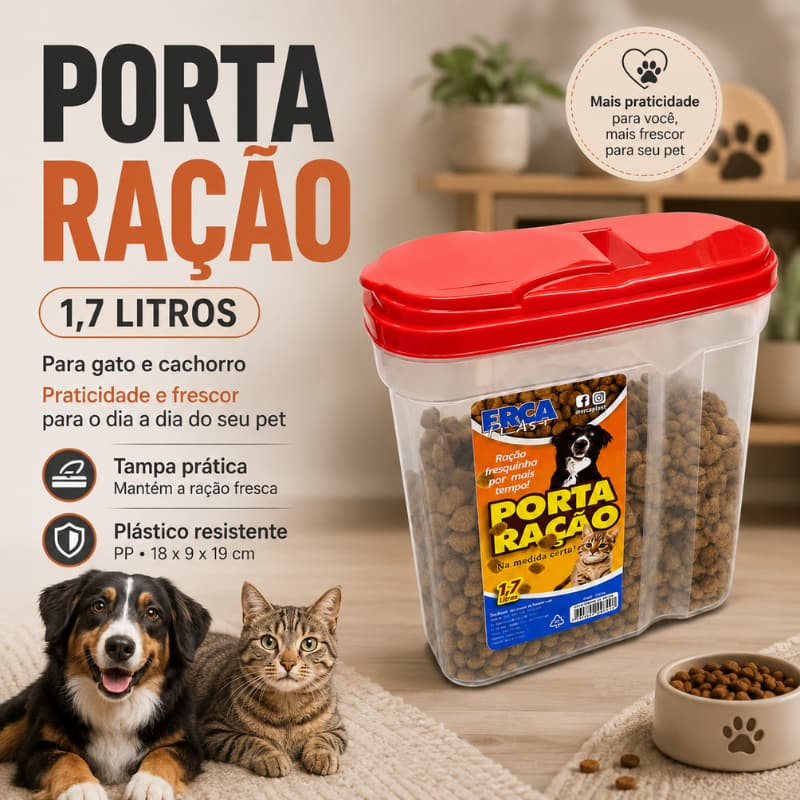 Porta Ração Dispenser Pote Tampa 1,7L BPA Free Antiformiga Ração Seca Gato Cachorro Grãos Compacto Pet