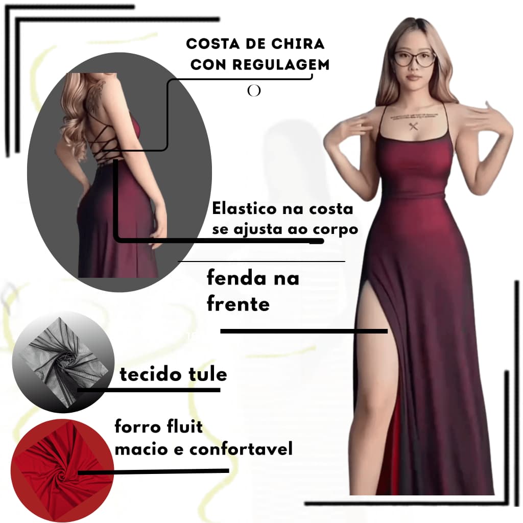 Vestido Feminino De Tule Longo Elegante Con fenda Lateral costa Aberta