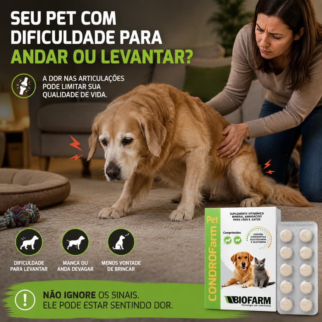 Condroitina Glicosamina Cães Gatos Condrofarm Biofarm Dor Articulações Artrose 10 Comprimidos + bula