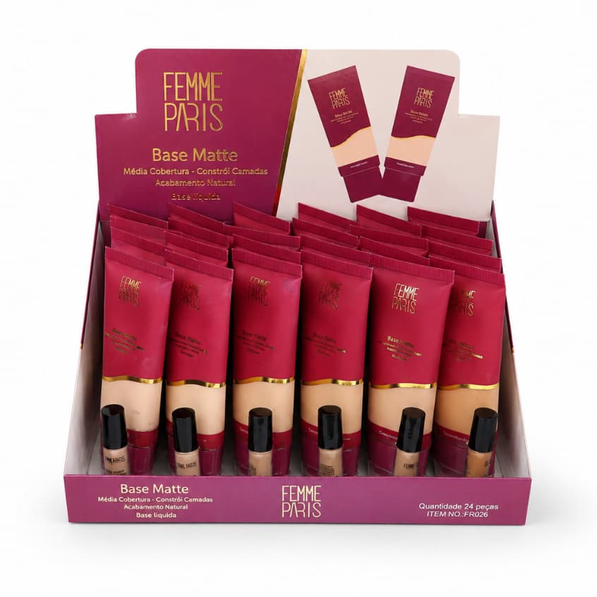 Box Base Líquida Matte Femme Paris Caixa com 24 Peças Acabamento Médio Revenda