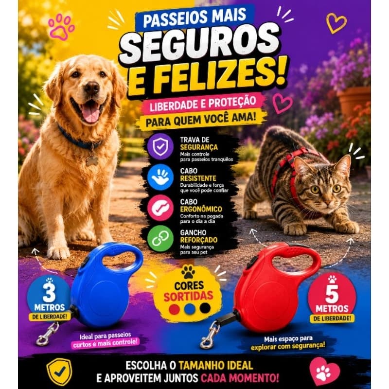 coleira guia retrátil 3 e 5 metros para pets cachorros cães gatos resistente com trava