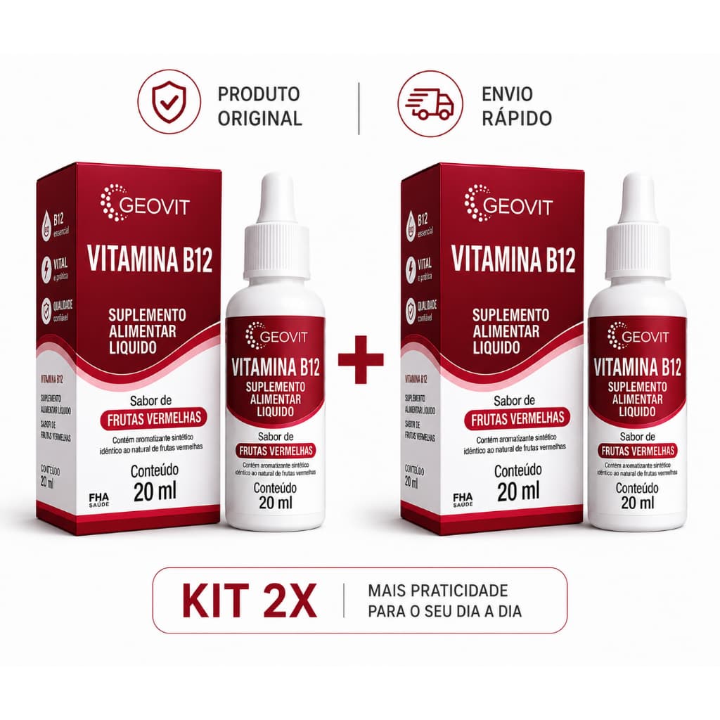 Kit 2x Vitamina B12 Geovit 20ml Suplemento Alimentar Líquido Frutas Vermelhas