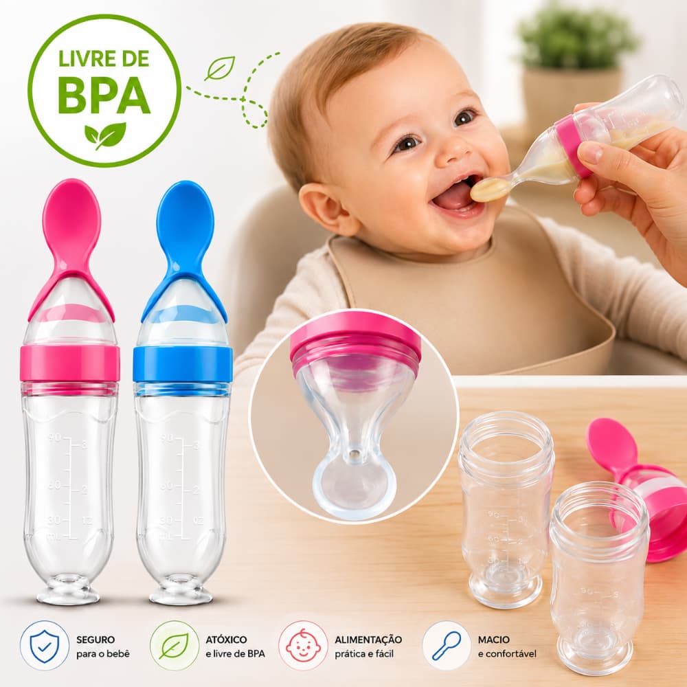 Mamadeira Com Colher Dosadora Para Bebê 90ml Silicone Livre de BPA Introdução Alimentar Segura para Bebês