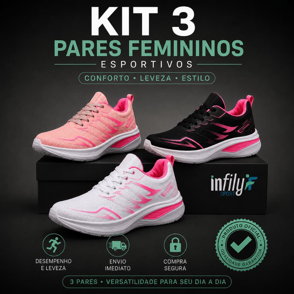 Kit 3 Pares Tenis Feminino Esportivo Academia Treino Caminhada Leve Confortável