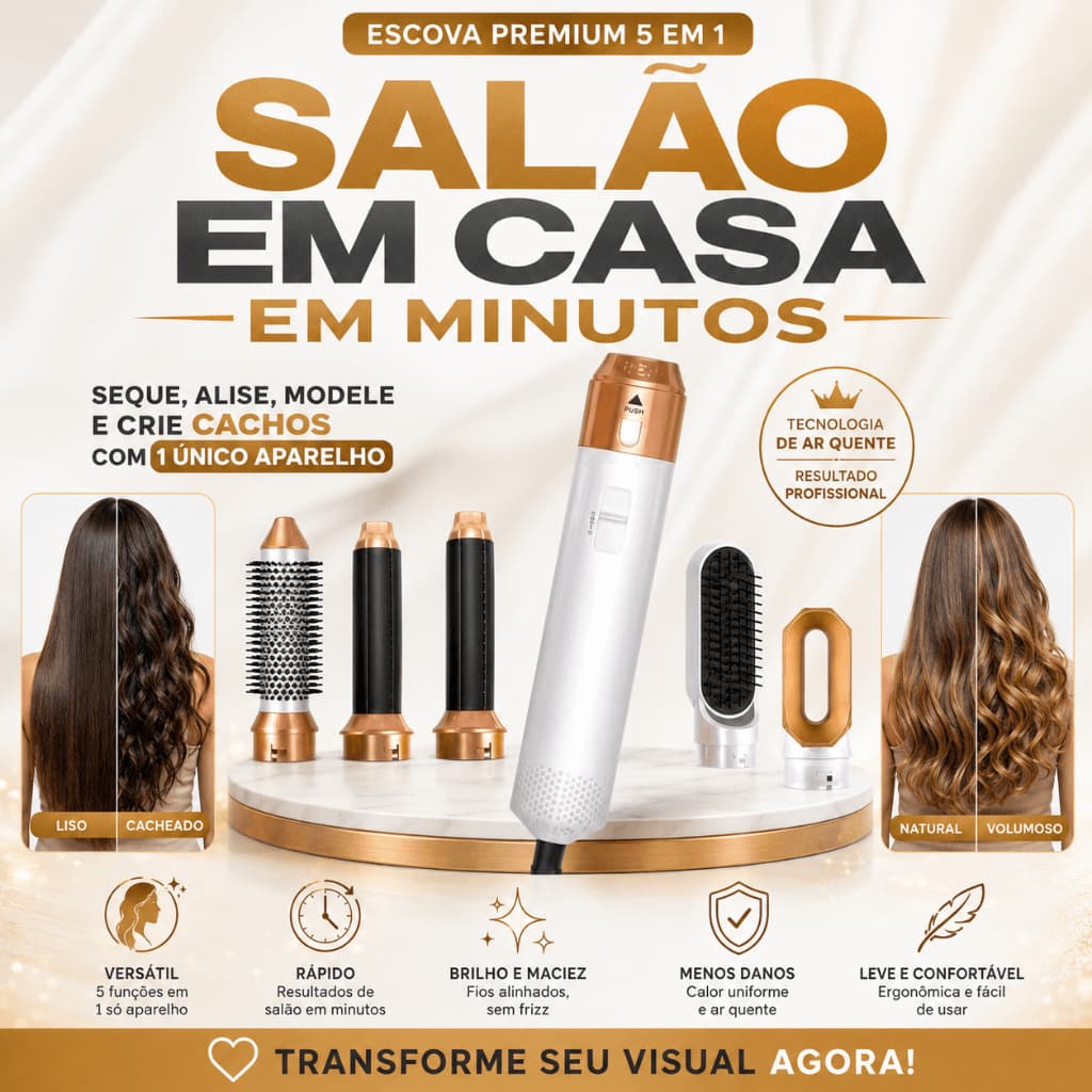 Escova Secadora 5 Em 1 220V Modeladora Alisadora Secador Ar Quente Cabelo Profissional