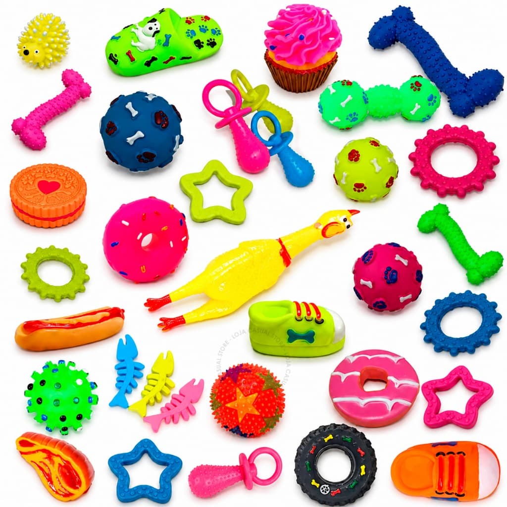 Kit 5/10 Brinquedos Mordedor Pet Cachorro Filhote Anti estresse Borracha Vinil Cães Sortidos
