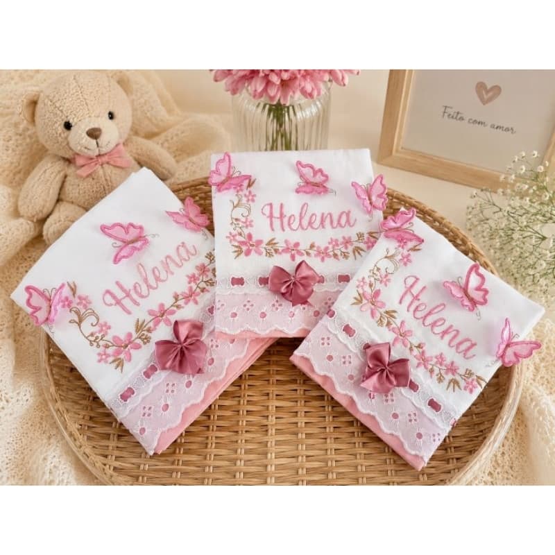 Fralda enxoval  bebe bordado Personalizado com nome bebê kit 3 peças