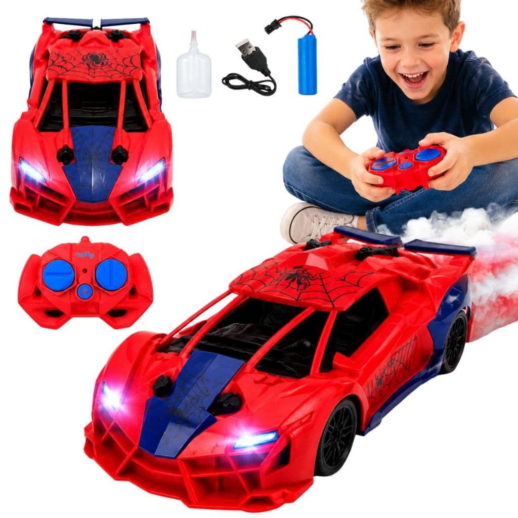 Carrinho Controle Remoto Drift Solta Fumaça Recarregável Farol Led Brinquedo Homem Aranha