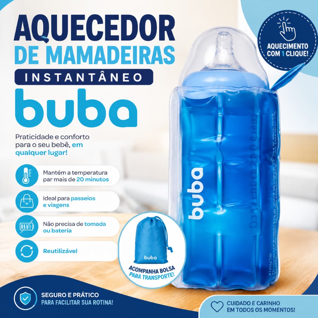 Aquecedor de Mamadeira Instantâneo Buba | Auto Aquecimento | Mantém Temperatura | Portátil com Bolsa