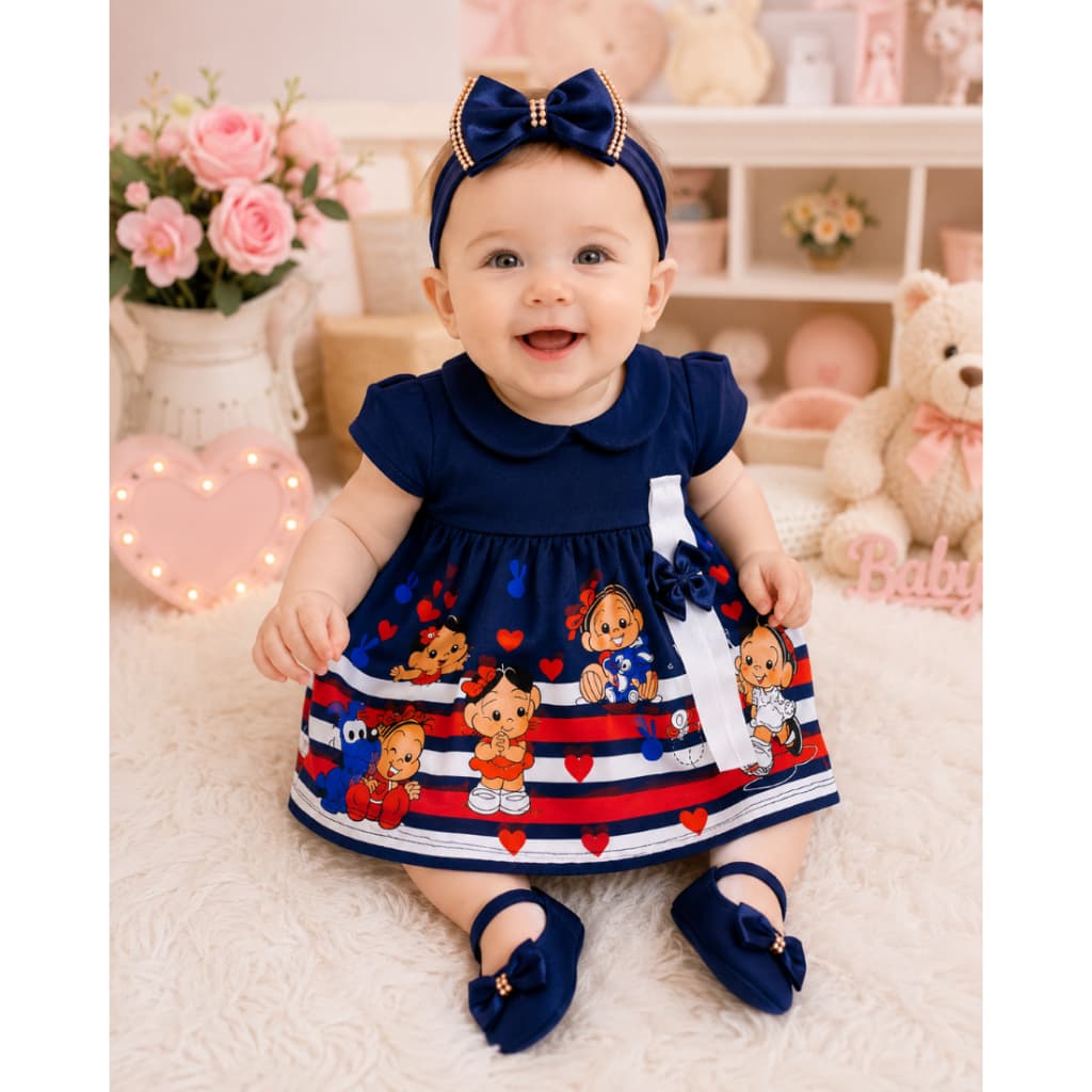 Kit Vestido Bebê Menina 5 Peç Recém Nascida Temático com Faixa Laço Calcinha Tapa Fralda e Sapatinho