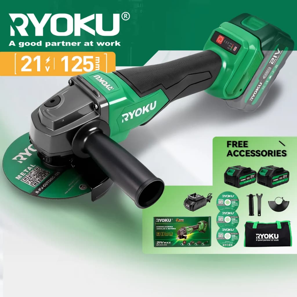 Esmerilhadeira Lixadeira Angular Brushless 2 Baterias 125mm RYOKU