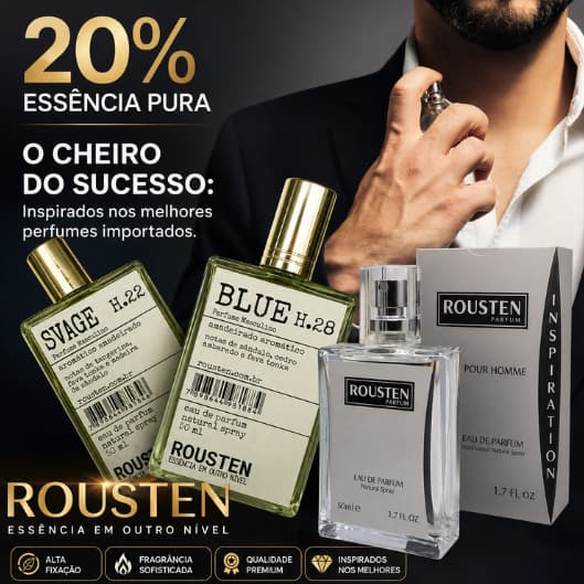 PERFUME MASCULINO E COMPARTILHADO 50ML INSPIRAÇÃO IMPORTADOS 20% ESSÊNCIA PURA LONGA DURAÇÃO ROUSTEN