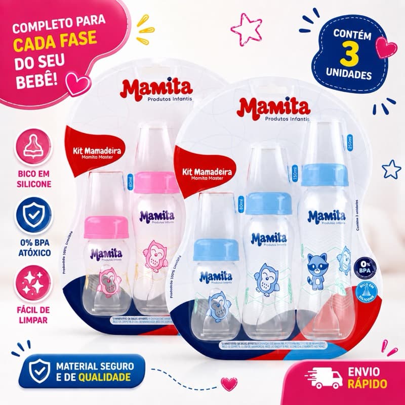 Kit 3 Mamadeiras Com Desenho Bico silicone 80 150 e 240 ML mamadeira ante colica marca mamita