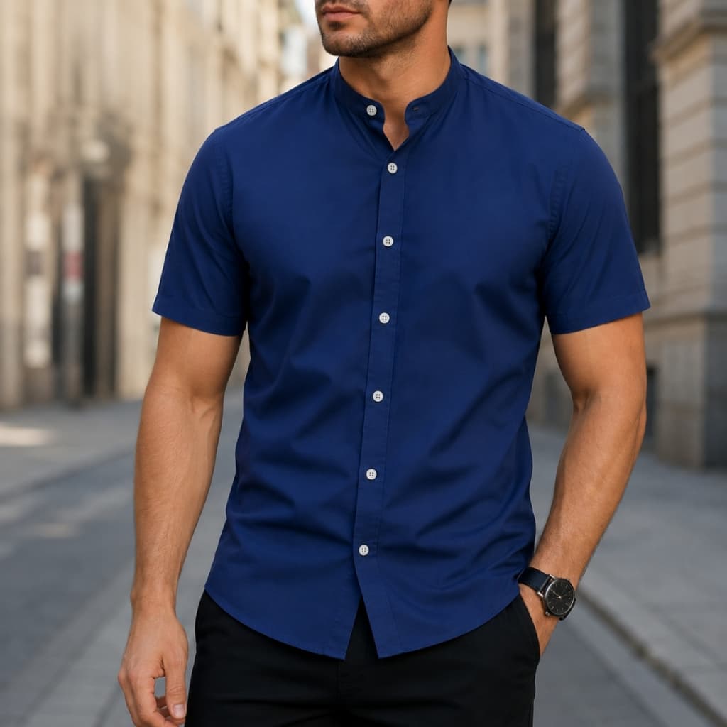 Camisa Social Masculina Gola Padre de Luxo Manga Curta Slim Tricoline Tecido Premium Elegante