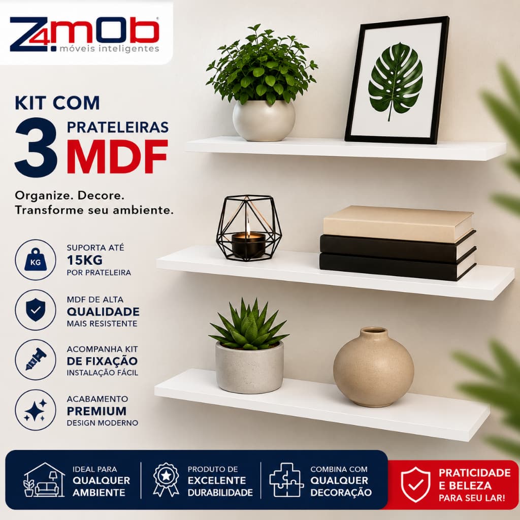 Kit 3 Prateleiras MDF 60x20cm Branco Suporte Invisível Parede Decoração
