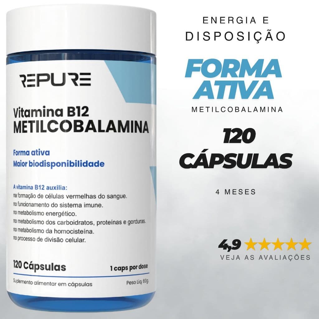 Vitamina B12 Metilcobalamina Forma Ativa 120 Cáps Energia Disposição Foco Mental 414%VD Repure
