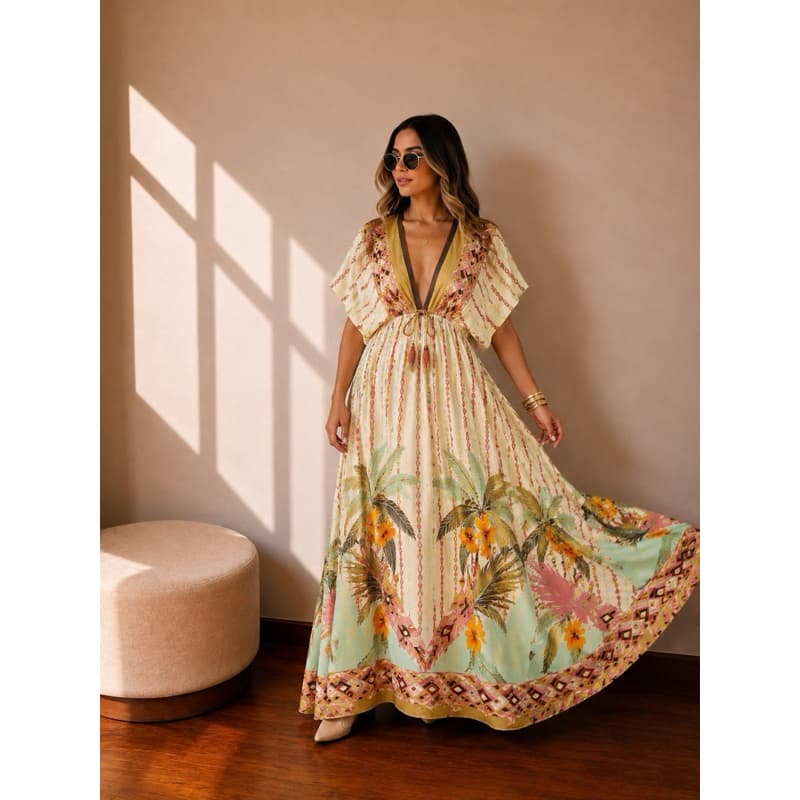 Vestido Vestido Feminino Longo Floral Boho Elegante Viscose Moda Feminina farm