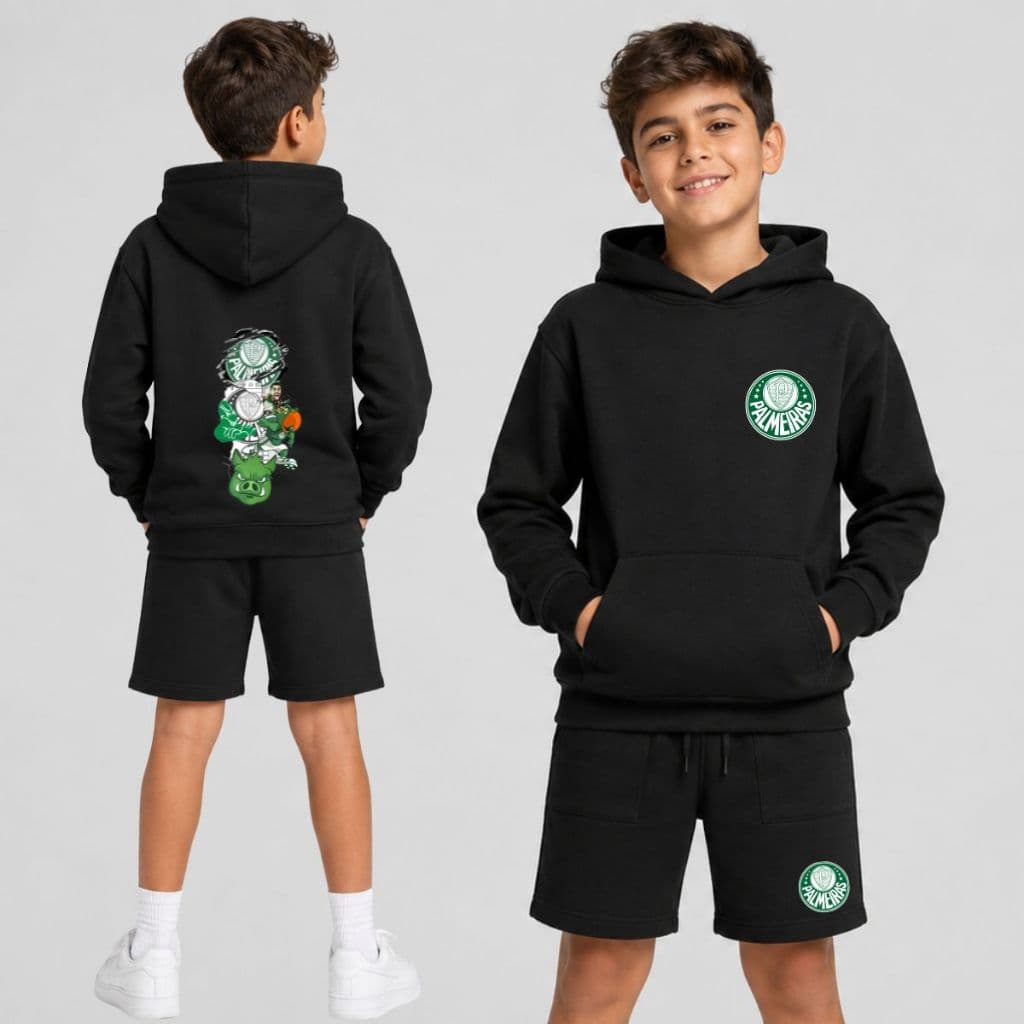 Kit Moletom e Bermuda Mancha Verde Infantil Conjunto Blusa de Frio e Bermuda Moletom Palmeiras