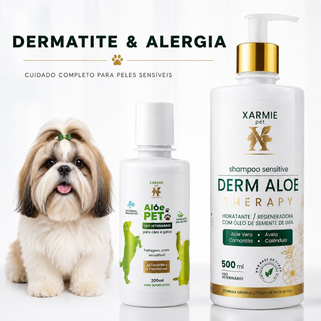 Kit para Cães e Gatos com Coceira e Pele Sensível Aloe Pet 200g + Shampoo Derm Aloe 500ml Hipoalergênico