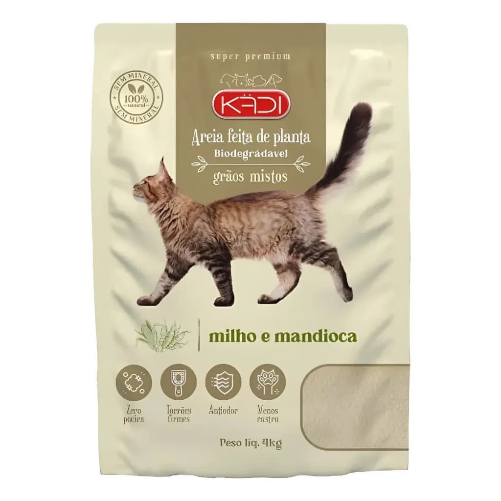 Areia Sanitária Gatos Milho e Mandioca Kadi Graos Mistos 4kg