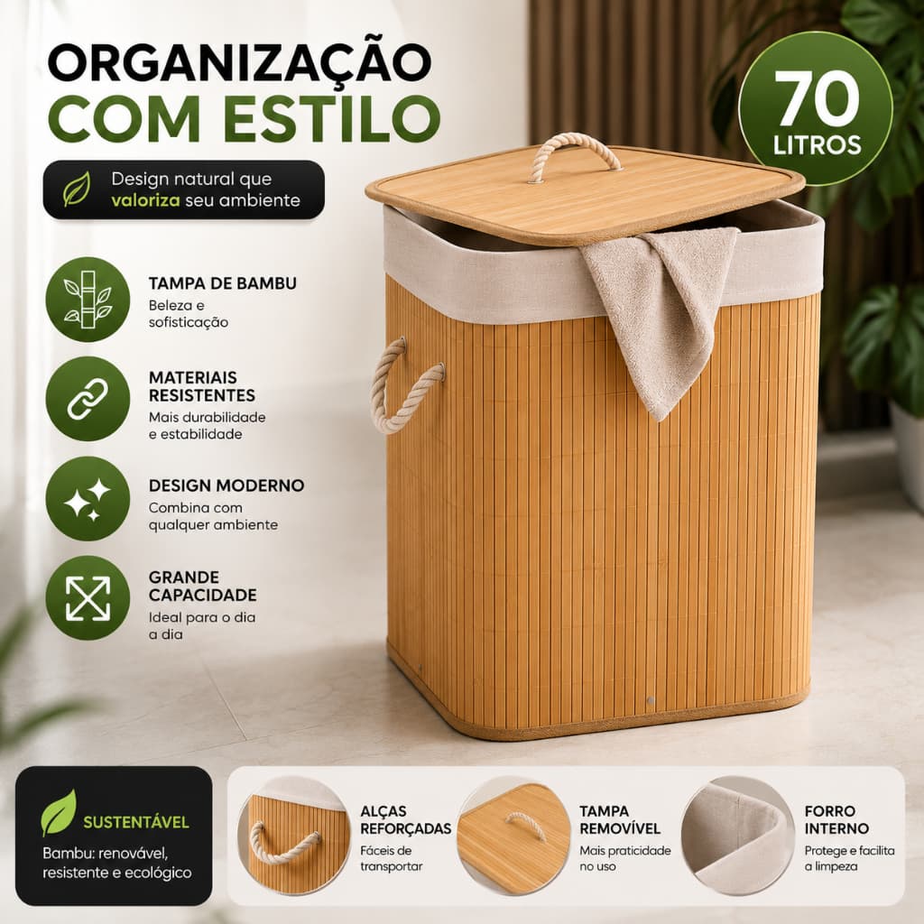 Cesto De Roupa Suja Bambu 70L  Organizador Forrado Banheiro Grande Cesto Retangular Lavanderia