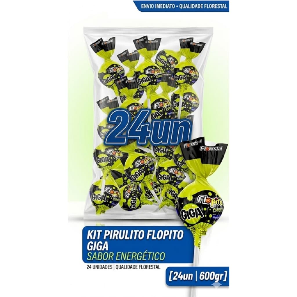 Pirulito Flopito Gigante Com Chiclete Sabor Energético 24un 600g Florestal Festa Atacado