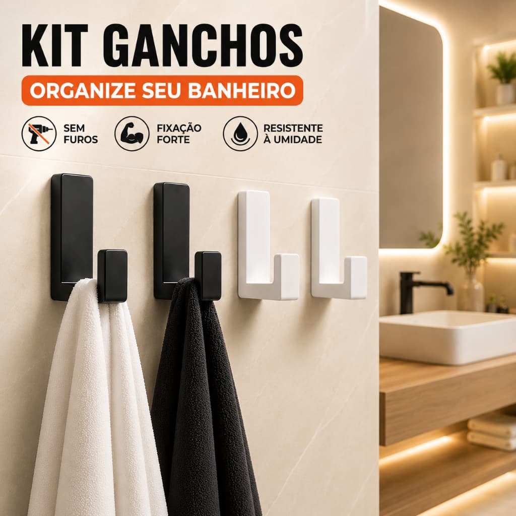 Kit Gancho Multiuso Adesivo 3M Porta Toalha Banheiro Cozinha Lavanderia Organizador Sem Furo