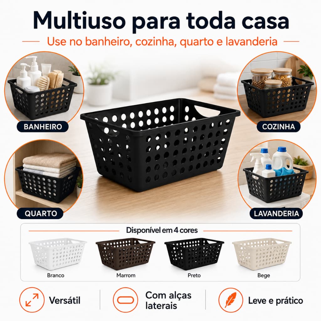 Kit Cestos Organizadores Plástico Multiuso C/ Alças Para Banheiro Cozinha Lavanderia 29x18,5x11,3 cm