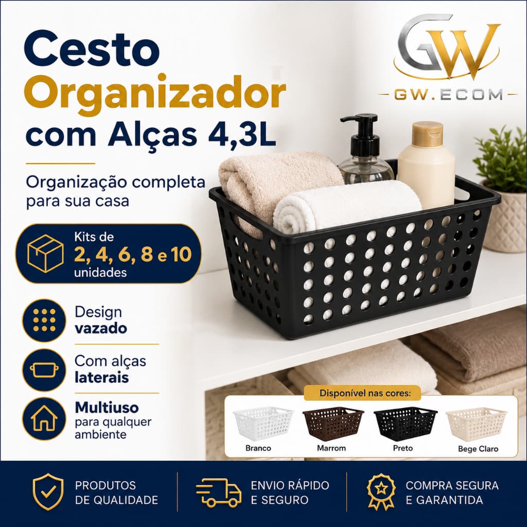 Kit Cestos Organizadores Com Alças  Plástico Multiuso Gaveta Armario Cozinha Banheiro Lavanderia