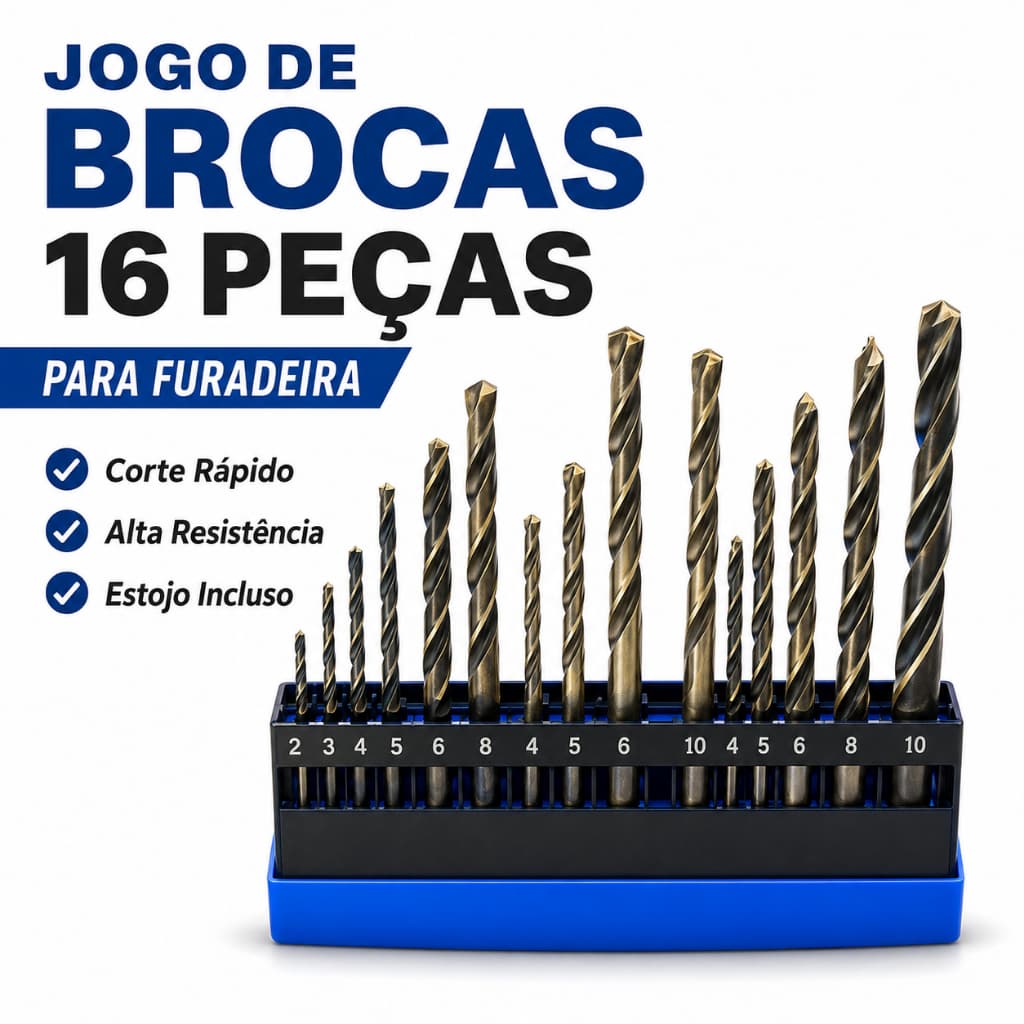 Jogo de Brocas 16 Peças com Estojo para Madeira, Metal e Alvenaria - NEOS HSS Aço Rápido (4241) ou Classic
