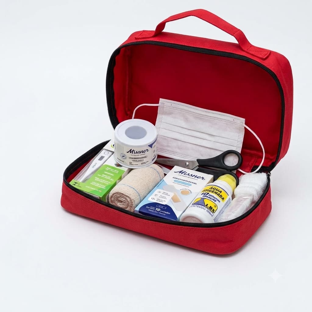 Kit de Primeiros Socorros Completo com Máscara Descartável Termômetro Bolsa Portátil