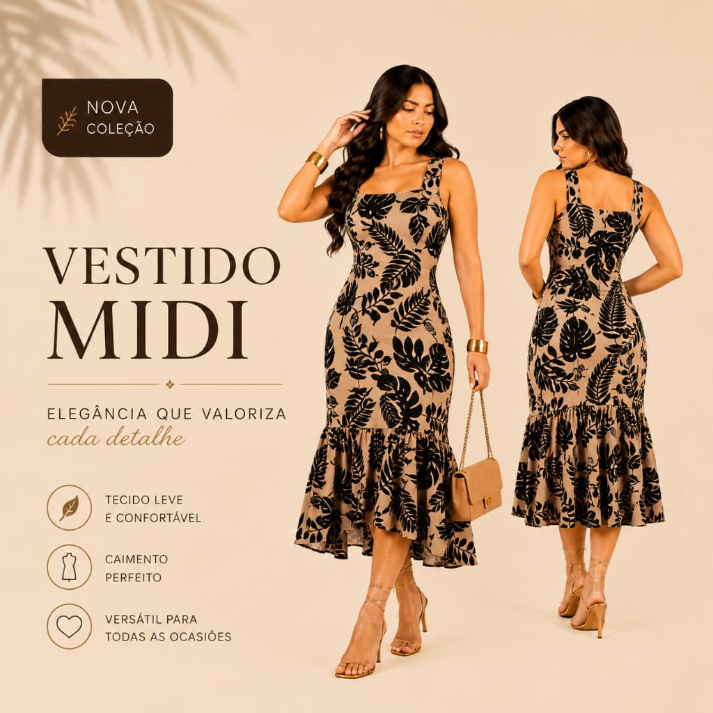 Vestido Midi Feminino Estampado com Babado Elegante Casual Leve Solto