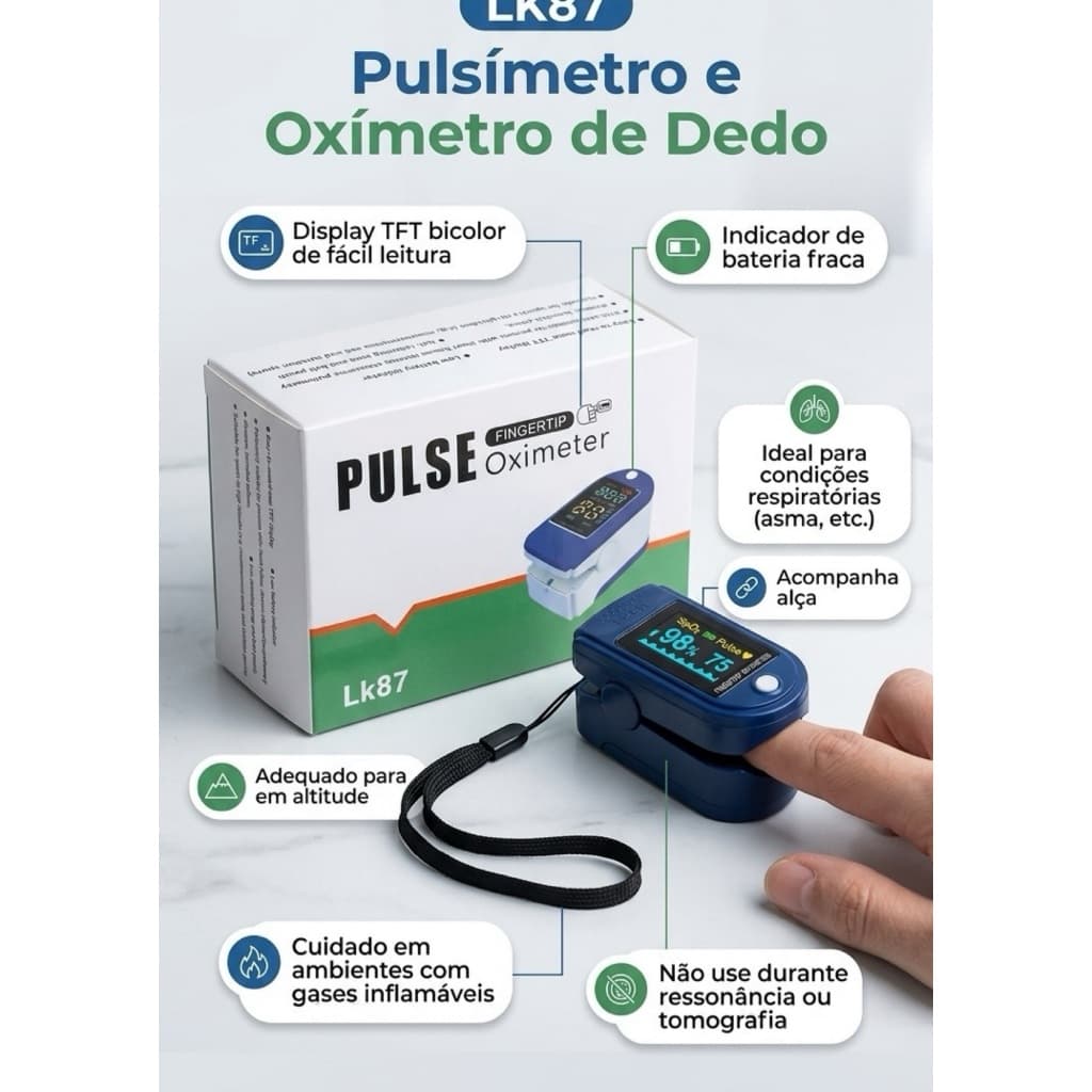 Oxímetro Digital de Dedo LED – Medição Rápida de Saturação (SpO₂) e Batimentos Cardíacos