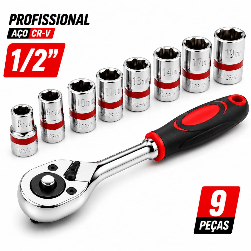 Jogo de Chave Soquetes Catraca Reversível Sextavado 1/2 Profissional de 8mm a 12mm Jogo Kit aço vanádio