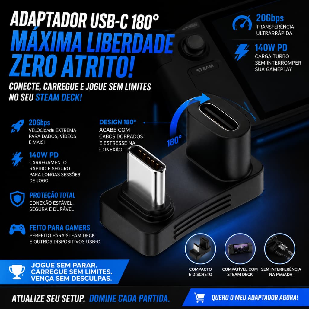 Adaptador USB-C 180° 140W PD Turbo 20Gbps Tipo C Macho Fêmea Para Steam Deck Notebook Celular Gamer