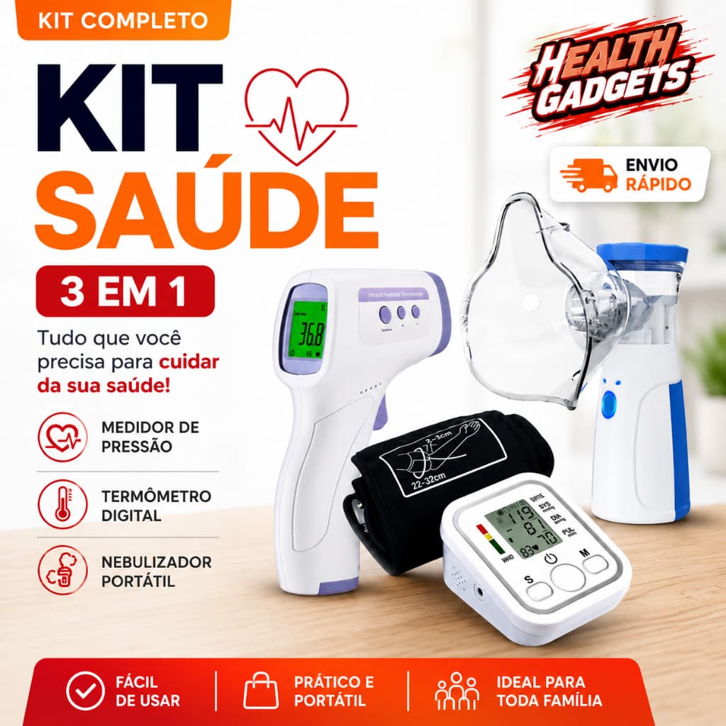 Kit Nebulizador Portátil USB + Aparelho de Pressão com Voz + Termômetro Digital USB Recarregável - Completo
