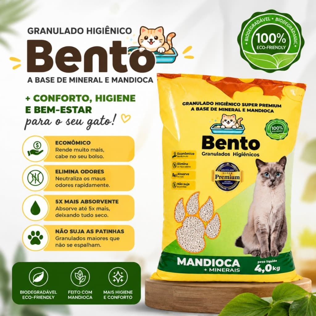 Areia Sanitária Higiênica 4kg Gatos Mix Mandioca e Minerais Bento Alta Absorção Controle de Odor Granulado
