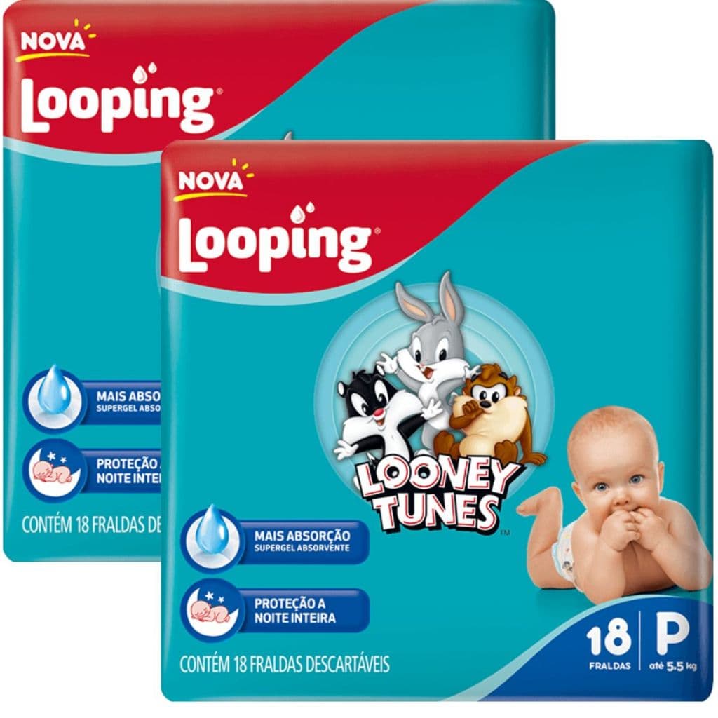 2 Pacotes da Fralda Descartável Looping Looney Tunes P - Cobertura Macia e Respirável, Ajuste Seguro, Alta Absorção