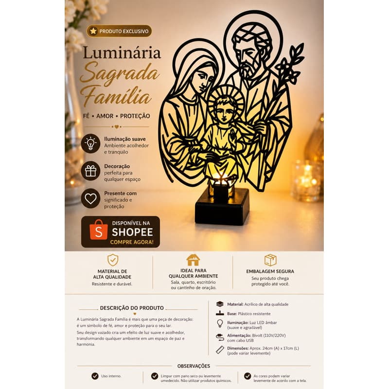 Luminária LED Sagrada Família em Acrílico – Decoração Religiosa com Base LED USB | Presente Católico