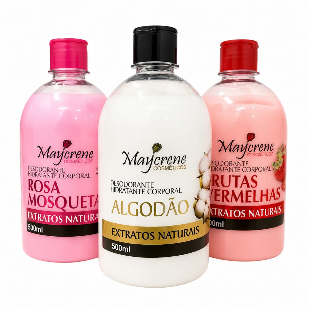 Kit 3 Hidratante Corporal 500ml Desodorante Rosa Mosqueta, Frutas e Algodão