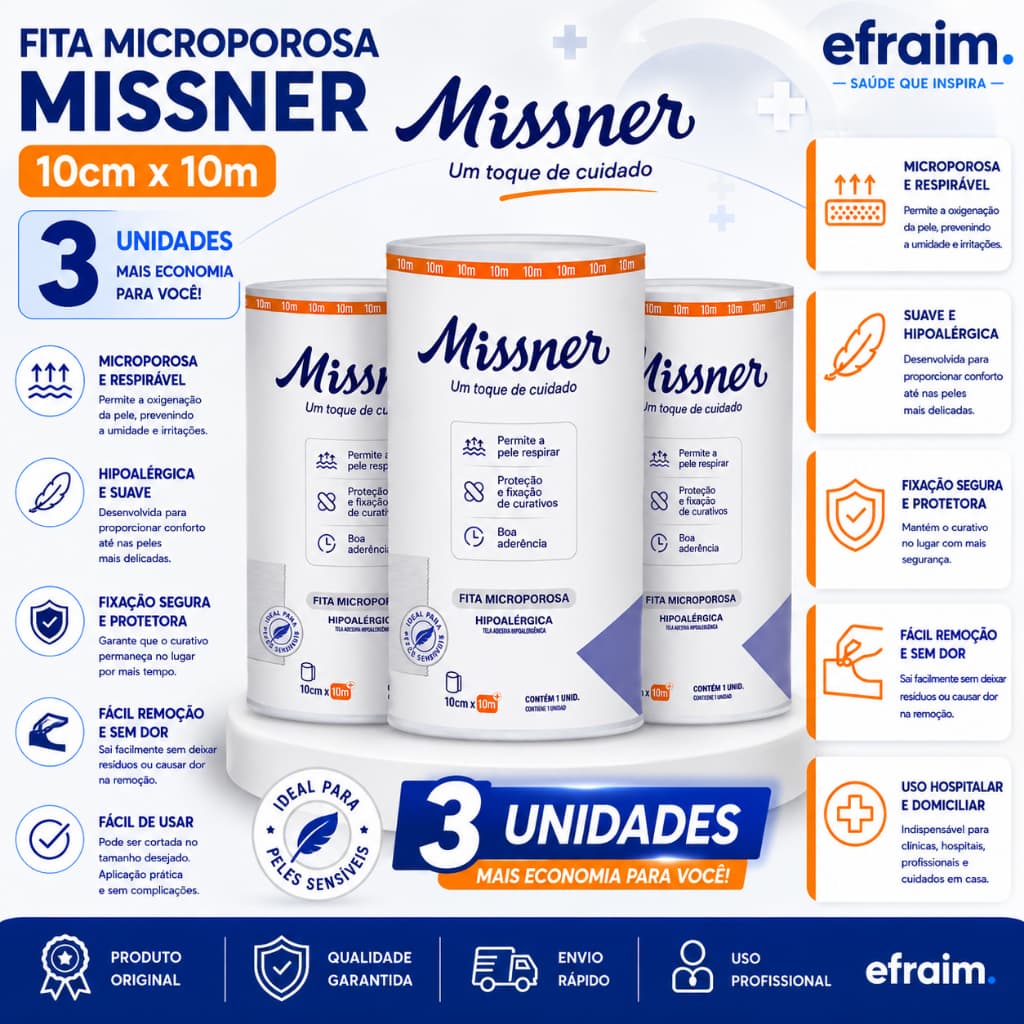 Micropore Branco 10cm X 10m - Missner Micropore - Kit C/3 Unidades