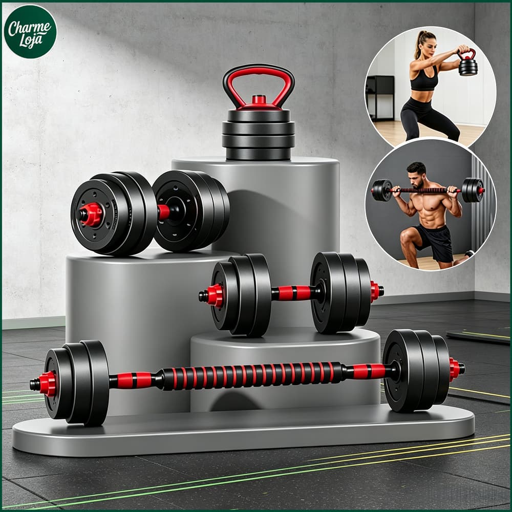 Kit Treino Funcional Musculação 10/15/20/kg Kettlebell Barra Halteres Anilhas Supino Peso Ajustável