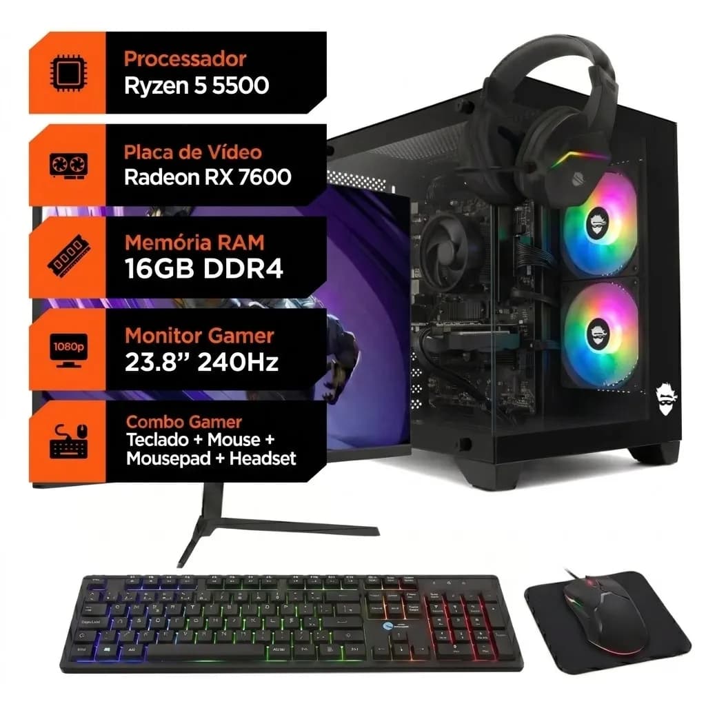 PC Gamer Soldier AMD Ryzen 5 5500 RX 7600 16GB SSD + Monitor 240Hz + Combo Gamer