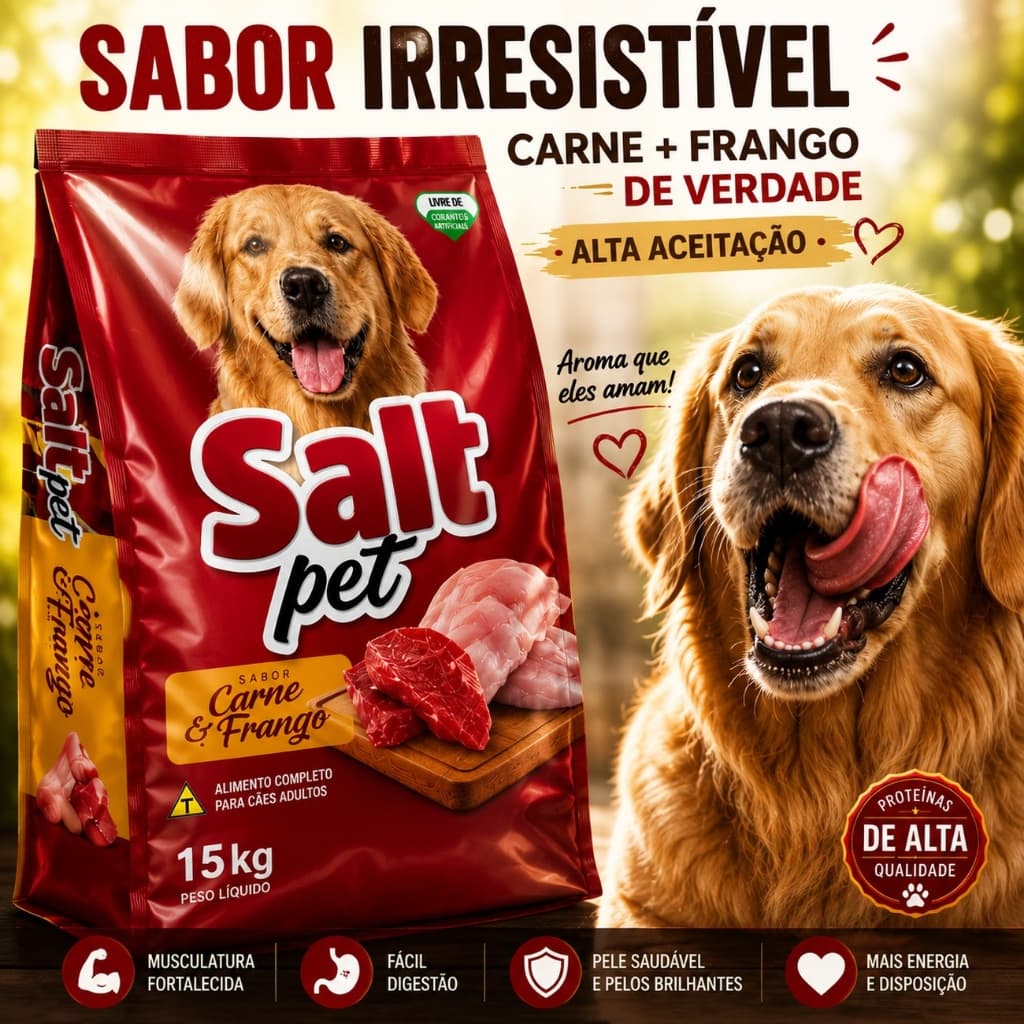 Ração para Cães Adultos Salt Pet 15kg Sabor Carne e Frango Premium Cachorro e Dog
