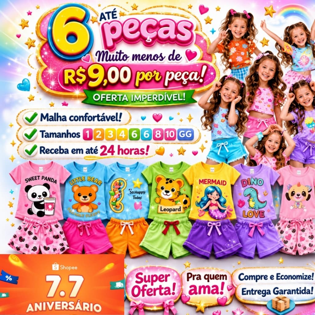 Kit 6 Peças Conjunto Infantil Menina Verão Roupa Confortável Bebê Moda Criança