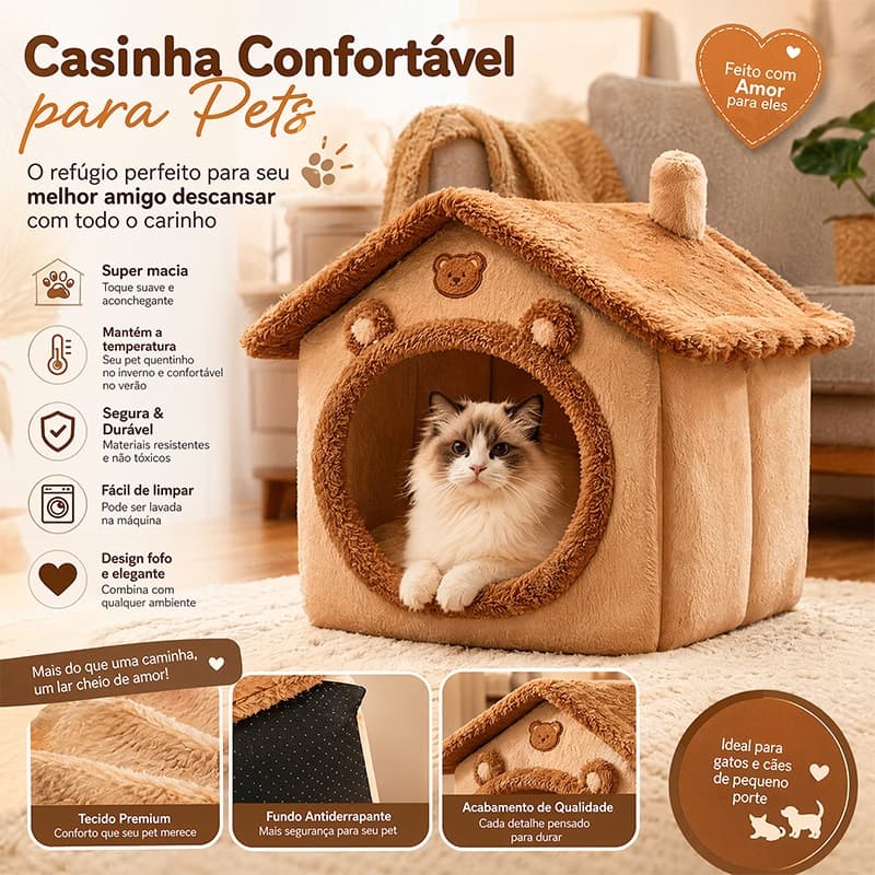 Casinha de Urso para Gato e Cachorro, Cama Pet Acolchoada Lavável para Inverno