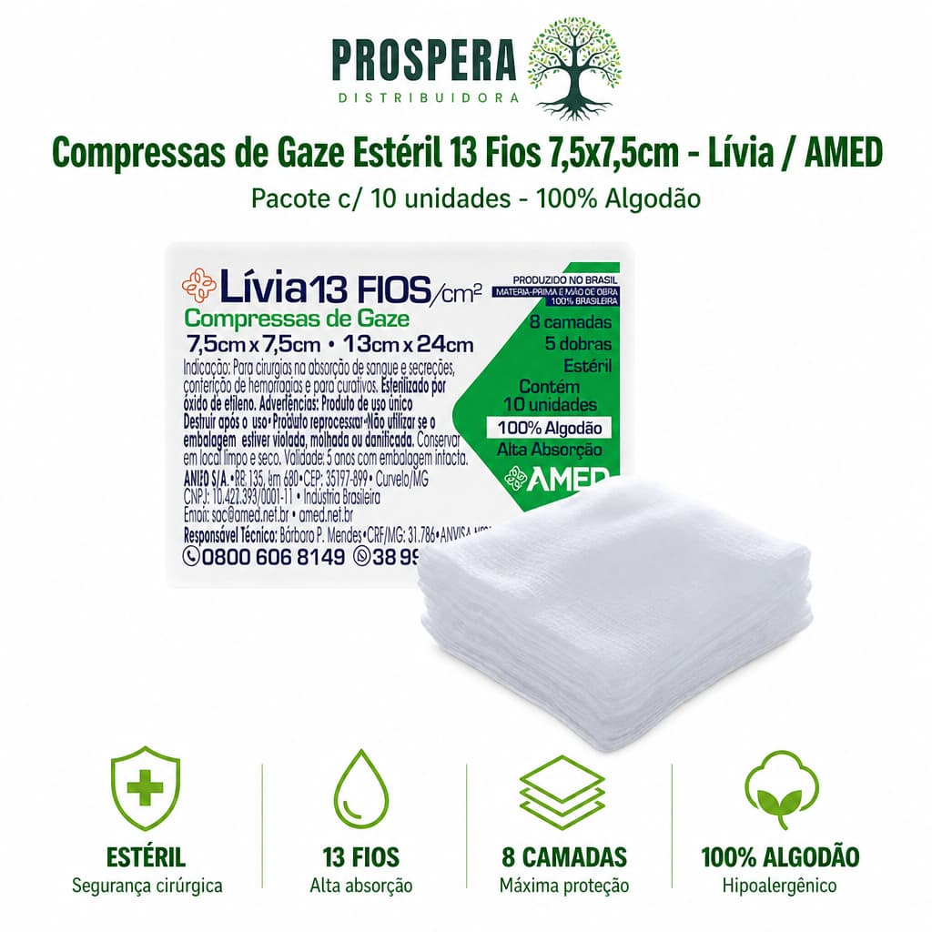 Kit C/ 10, 30 ou 50 pacotes com 10 Compressas de Gaze Estéril 13 Fios - Medida 7,5x7,5 - Fabricante: Amed Livia