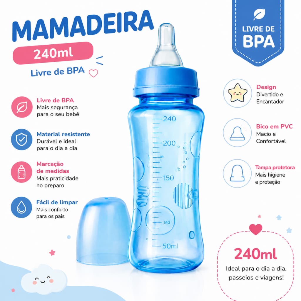 Mamadeira Bebê Livre BPA 240ML Bico Redondo | Envio Imediato