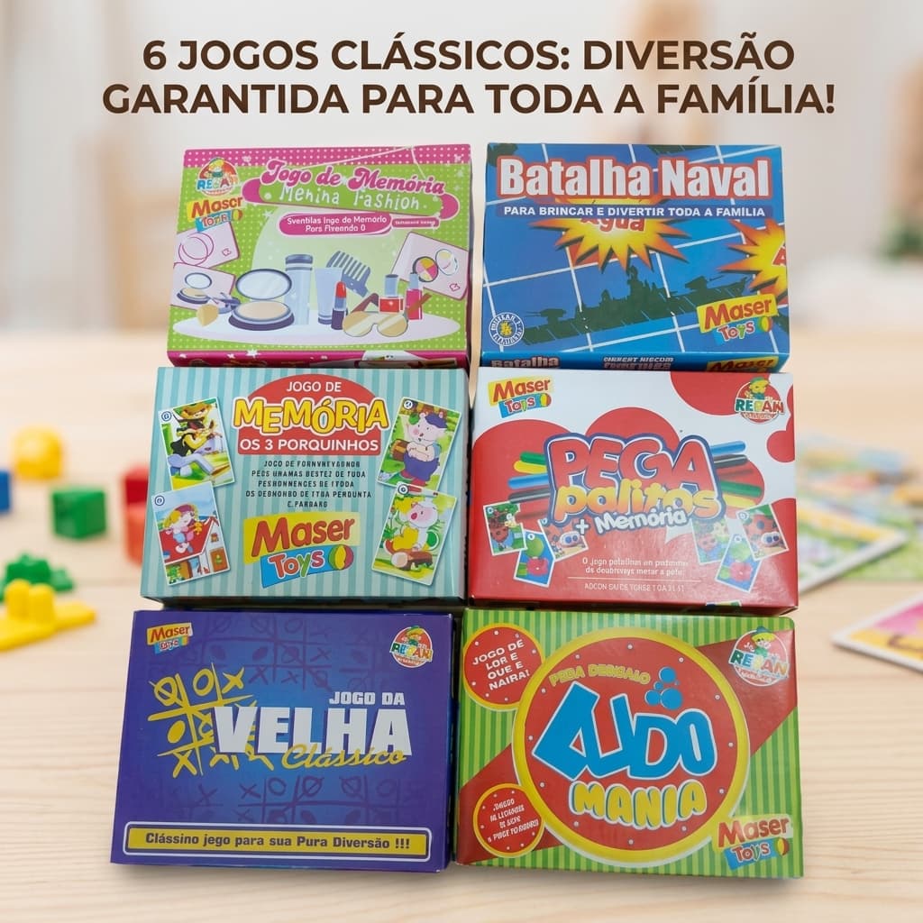 Kit 6 Jogos de Tabuleiro Infantil e Adulto Memória Ludo Batalha Naval Jogo Família Educativo