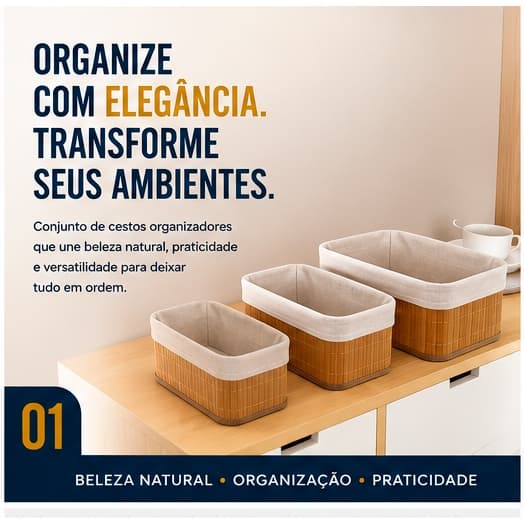 Conjunto 3 Cestos Organizadores Multiuso Bambu Natural Roupas Cosméticos Closet Banheiro Decoração